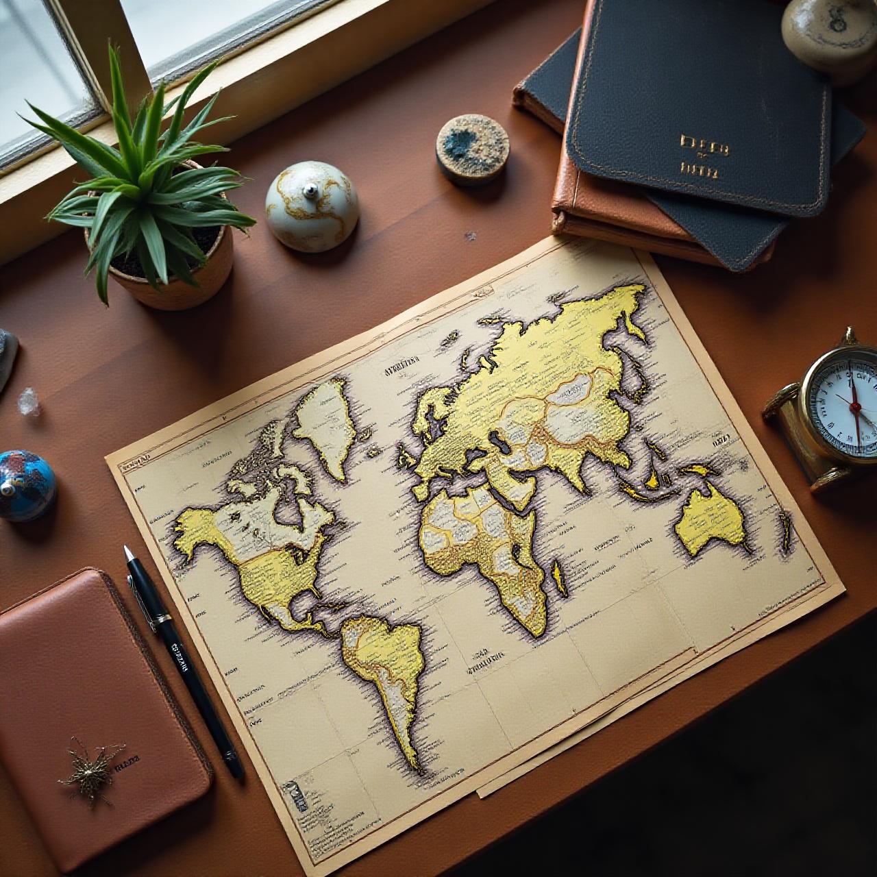 Artisan maps and travel planning materials on a rustic wooden desk