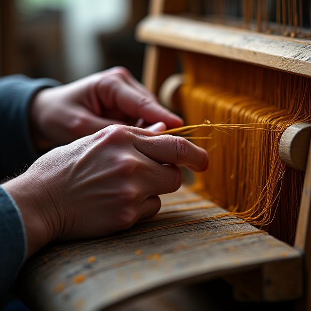 Close up of hands weaving a traditional tapestry in an artisan workshop