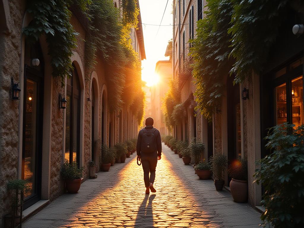 A traveler exploring a scenic historical street