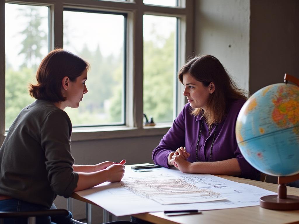 Two people engaged in a creative travel discussion