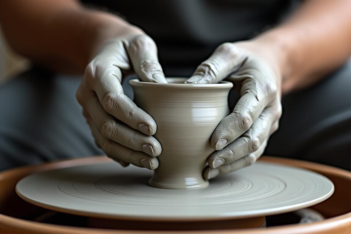 Pottery wheel with artisan hands shaping clay